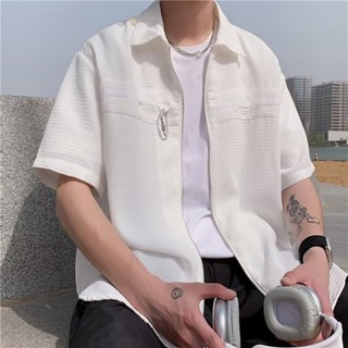華夫格白色短袖襯衫 M-2XL 夏季英倫雅痞男裝 寬鬆垂墜感小眾設計短袖襯衫