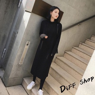 【現貨速發】 【DIFF】韓版寬鬆慵懶風連帽針織連衣裙 長版上衣 毛衣 帽T 長袖上衣 女裝 衣服 寬鬆上衣 顯瘦上衣【
