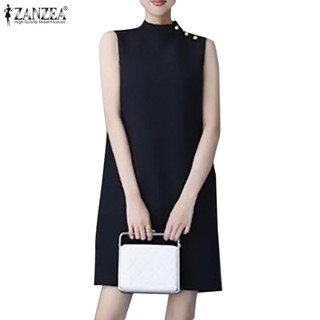 Zanzea 女式韓版時尚立領鈕扣無袖休閒連衣裙