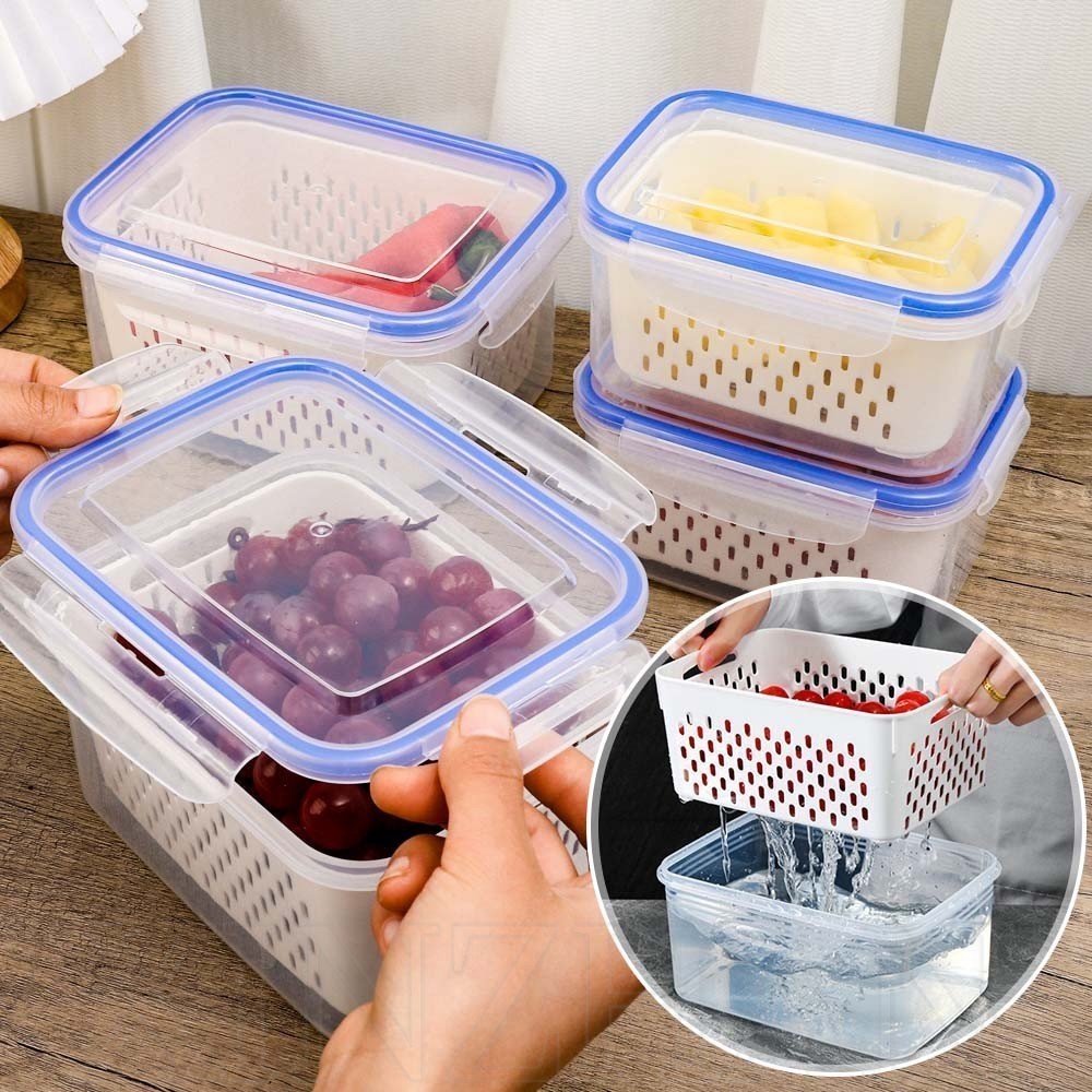 蔬菜水果保鮮盒 - 雙層密封盒帶排水籃 - 廚房收納容器 - 冰箱儲物盒 - 大容量、耐用、食品級