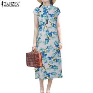 Zanzea 女式韓版時尚立領鈕扣花卉印花連衣裙