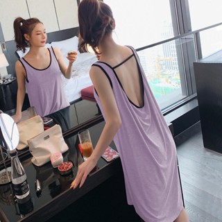 純色無袖大碼300斤睡裙女夏寬松甜美背心裙中長款吊帶睡衣夏薄款 連身睡衣 夏天睡衣裙 大尺碼睡裙 韓版睡衣 寬鬆睡衣