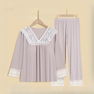 ParrotFashion 2025春秋新款 蕾絲花邊睡衣女 帶胸墊冰絲套裝 法式甜美風 大碼顯瘦
