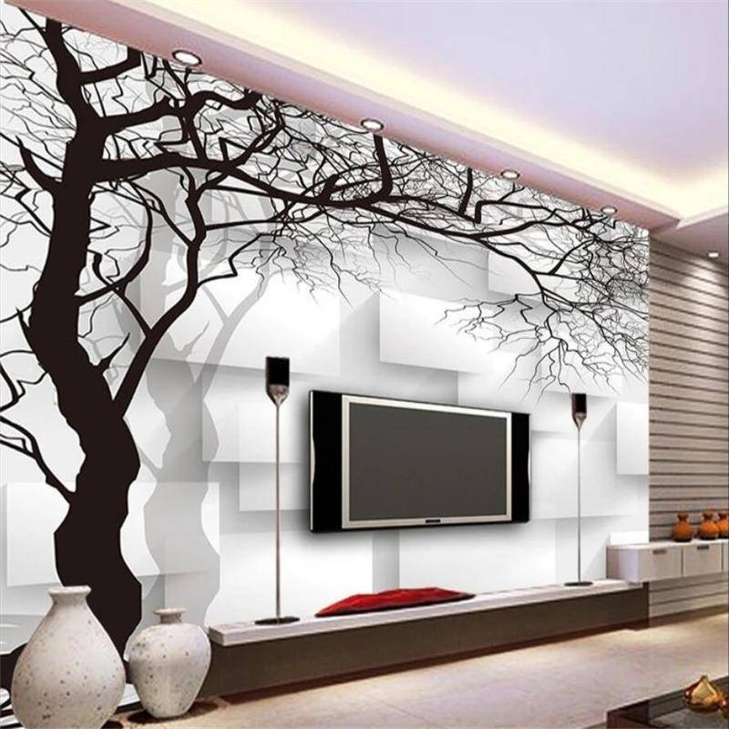 定制自粘壁畫手繪黑白3d抽象樹牆紙電視沙發背景牆牆紙家居裝飾貼紙