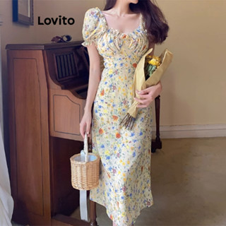 Lovito 女士優雅小碎花褶邊拉鍊洋裝 LNE34011 (淺黃色)