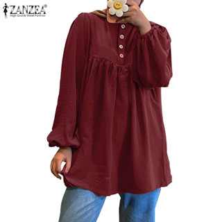 Zanzea 女士穆斯林日常燈籠袖鬆緊袖口褶襉純色襯衫