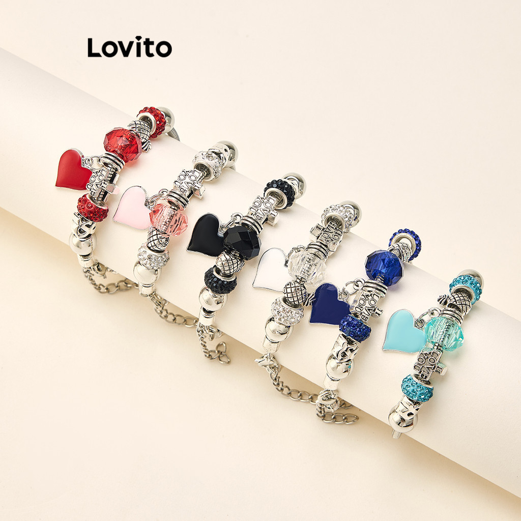 Lovito 休閒心形心形串珠寶石愛情禮物閨蜜情侶手鍊女式 LCS02034
