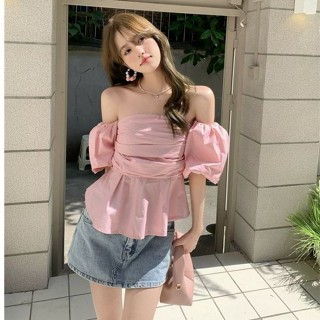 【HOT 本舖】S-2XL 辣妹小心機一字肩泡泡袖法式短袖襯衫女裝夏季短款褶皺設計感上衣