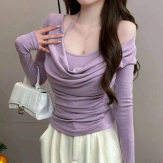 💖臺灣出貨💖蕩領上衣 長袖上衣 女生上衣 莫代爾領掛脖假兩件打底長袖T恤 春季新款氣質修身百搭一字肩上衣