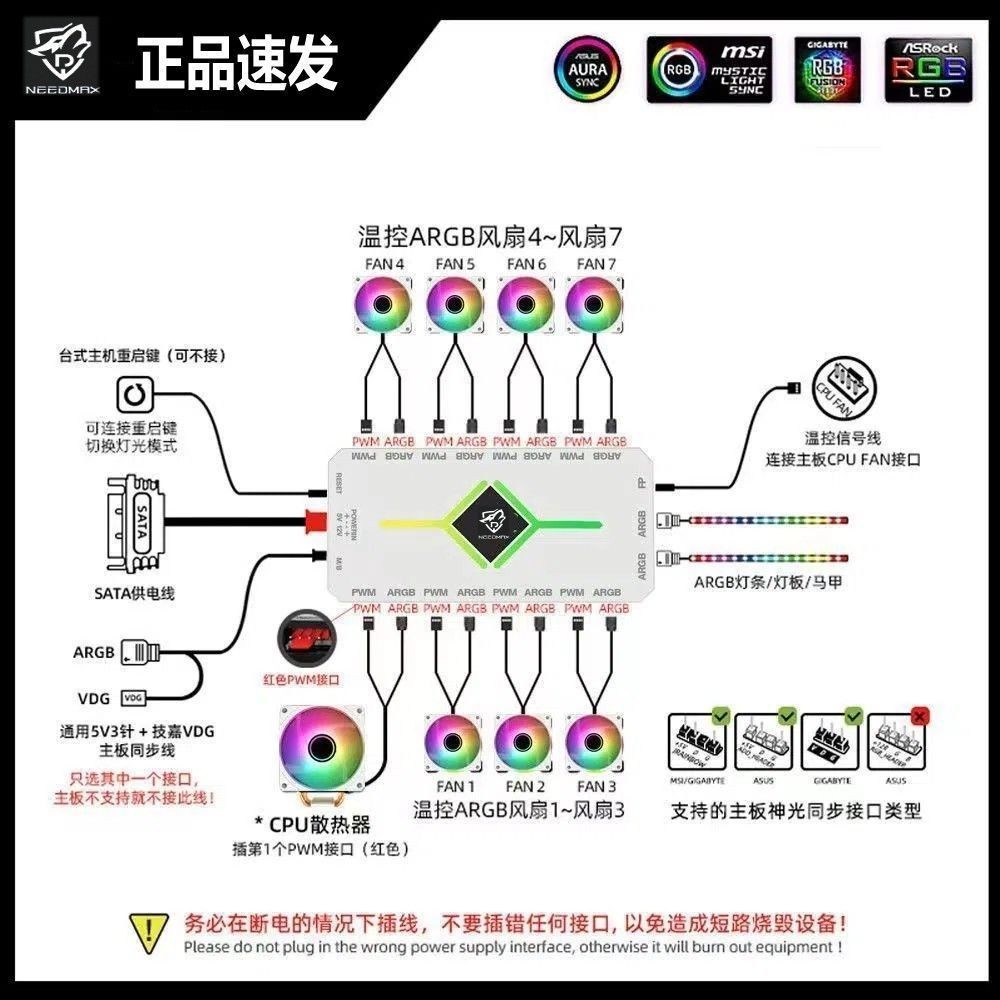 機箱風扇燈光控制器ARGB集線器5V3針神光同步PWM調速溫控雙十接口