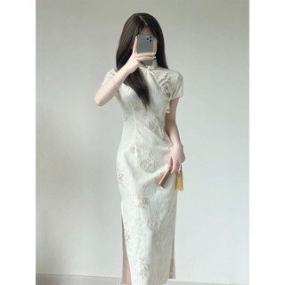 改良旗袍女 新中式民國風古裝（大小姐）春秋夏季新款 氣質圓領短袖高腰修身開衩長裙子女 連衣裙連身裙 漢服套裝洋裝