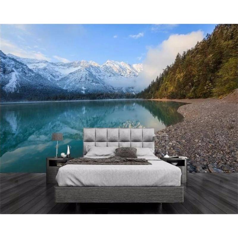 定制雪山湖仙境風景壁畫客廳電視沙發背景牆紙3d壁紙