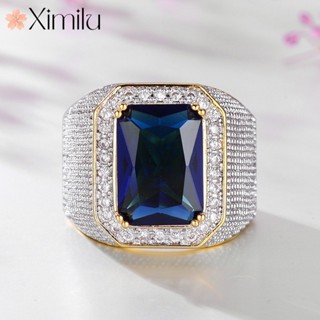 ❤ 原創三色奢華黑藍鑽銀戒指男嘻哈分金霸氣正方藍寶石飾品❤