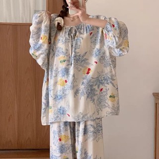睡衣女生 韓版 家居服 大尺碼 薄款 休閒寬鬆版型 長袖長褲套裝 時尚印花 性感大圓領 柔軟舒適透氣