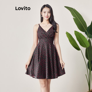 Lovito 女休閒花卉十字交叉荷葉邊下擺連身裙 LBL06101 (黑色)