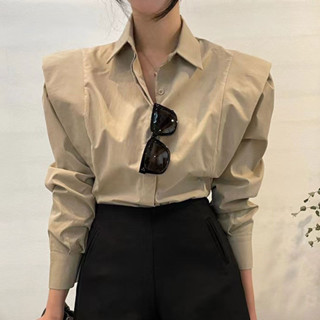 韓國 chic 簡約 翻領 暗釦 設計 拼接 荷葉邊 寬鬆 長袖 襯衫 上衣 女