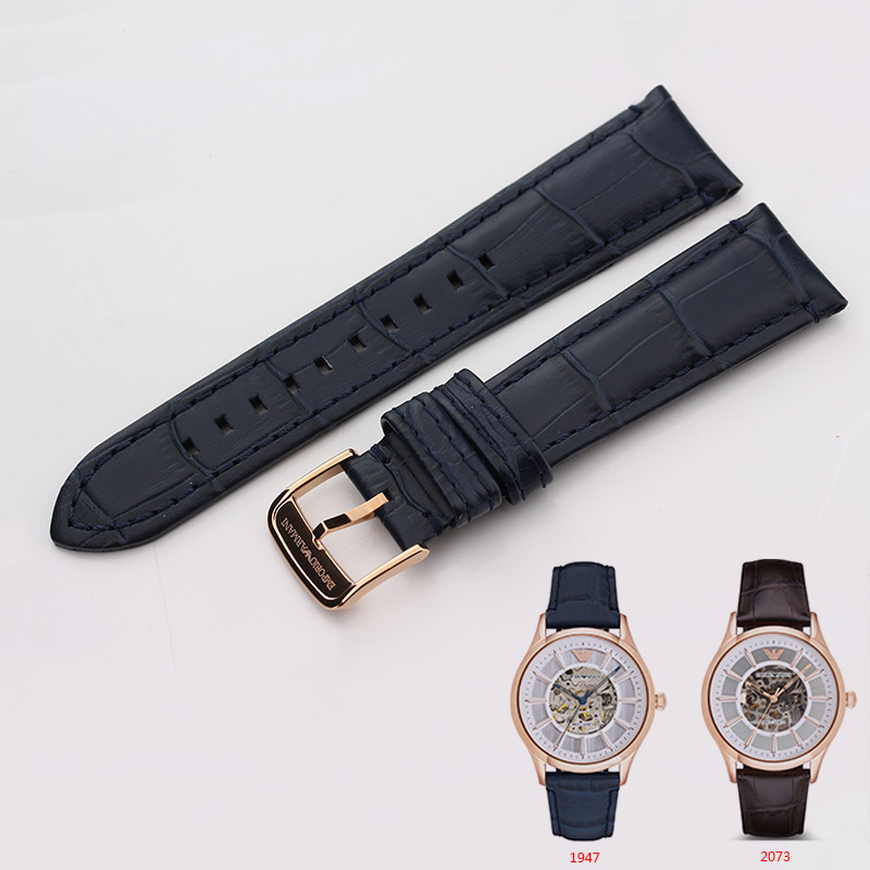 阿瑪尼真皮錶帶 男款機械錶AR1947 手錶帶藍色牛皮玫瑰金針扣22mm