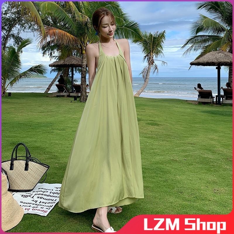 LGJQ ●性感露背法式酪梨綠洋裝女夏三亞拍照海邊度假沙灘裙長裙超仙 海邊洋裝 法式洋裝 寬鬆洋裝 度假長洋裝