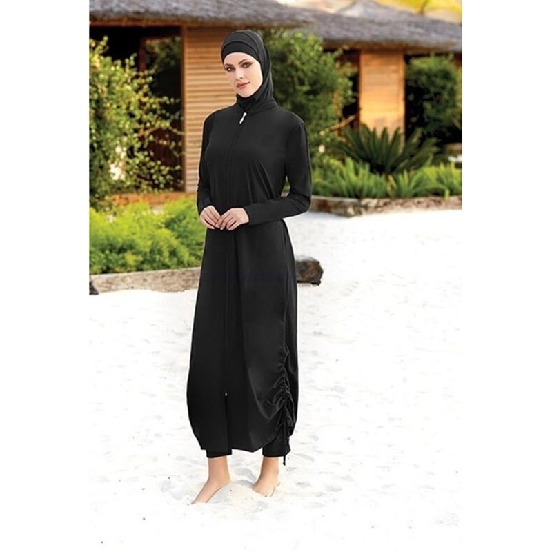 伊斯蘭泳裝束腰長袍印花 3 件長布基尼穆斯林婦女泳裝
