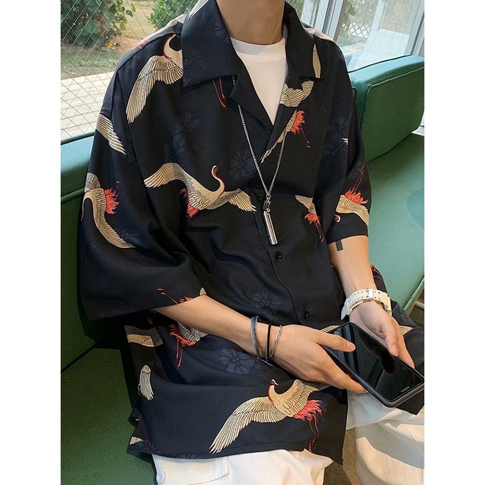 M-xxl夏季男士時尚夏威夷襯衫日式鶴設計休閒沙灘花襯衫短袖翻蓋領上衣復古度假裝黑白