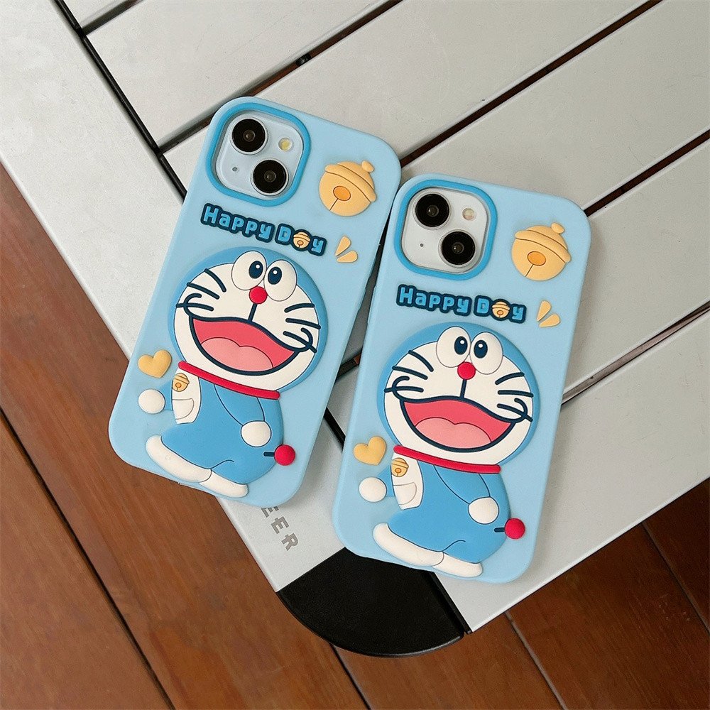 哆啦夢 三維卡通可愛快樂哆啦a夢藍色矽膠保護殼適用於iphone 11 14 13 12 15 Pro Max 13Pr