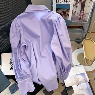 紫色雙層領襯衫外套設計感小眾刺繡蝴蝶長袖上衣