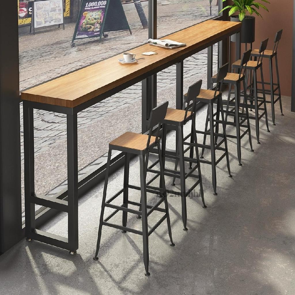 吧台桌椅組合工業風鐵藝實木酒吧高腳奶茶店蛋糕店靠牆窄桌子1201