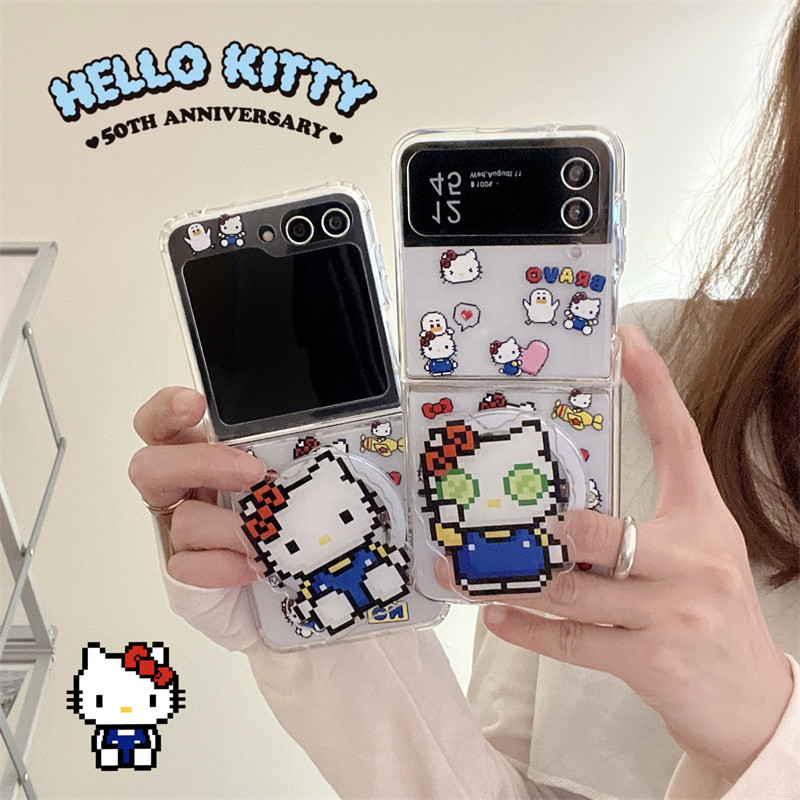 SAMSUNG 卡通 Hello Kitty 磁性無線充電支架手機殼適用於三星 Galaxy Z Flip 5 4 3