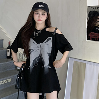 L-4XL 胖mm150公斤可穿 特大碼蝴蝶結印花短袖t恤女 設計感心機鏤空露肩上衣 寬松中長款上衣 大碼T恤