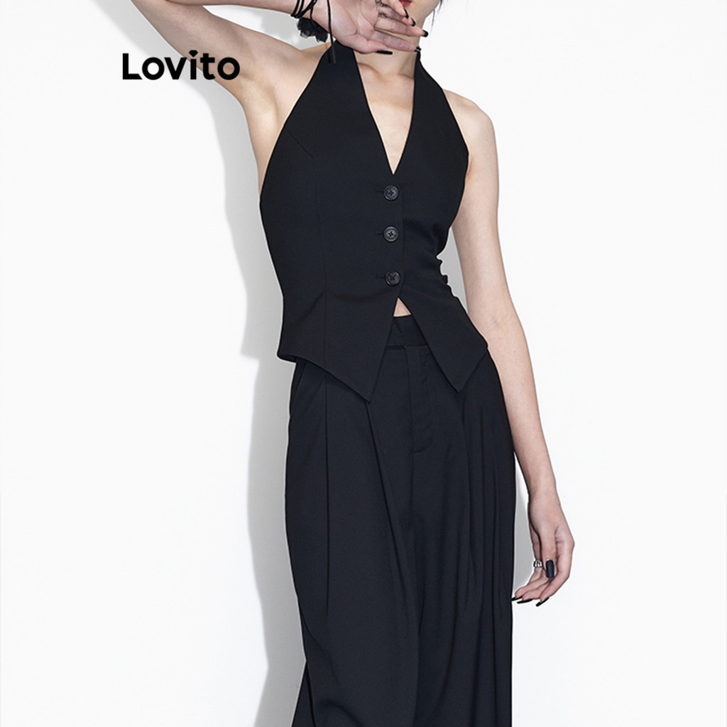 Lovito 女款休閒素色美背紐帶背心 LNE38007 (白色/黑色)