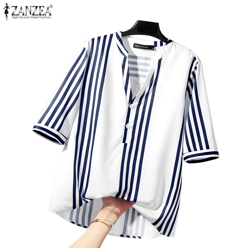 Zanzea 女式韓版四分之三袖條紋印花 V 領襯衫