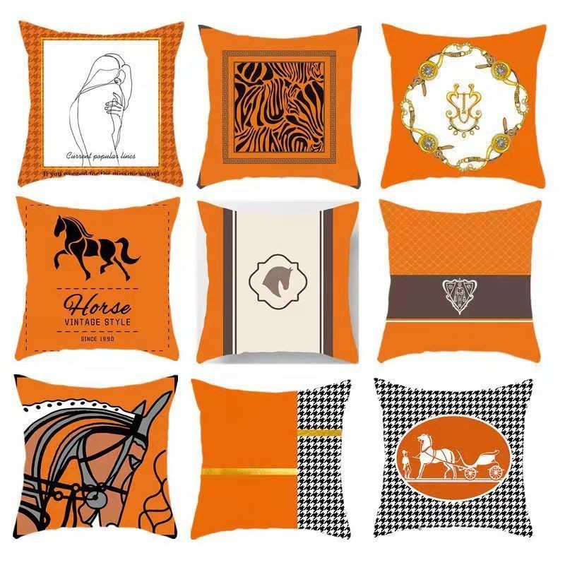 方形千鳥格美式橙色抱枕橘色沙發靠墊輕奢暖色簡約幾何枕套