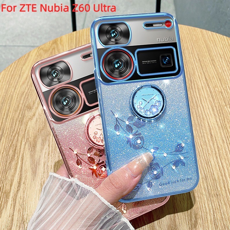 NUBIA ZTE 中興努比亞 Z60 Ultra 指環支架手機套外殼的閃光美麗永恆之花電鍍 TPU 軟殼
