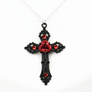 大號黑色十字架項鍊配琺琅玫瑰和水晶，哥特式維多利亞