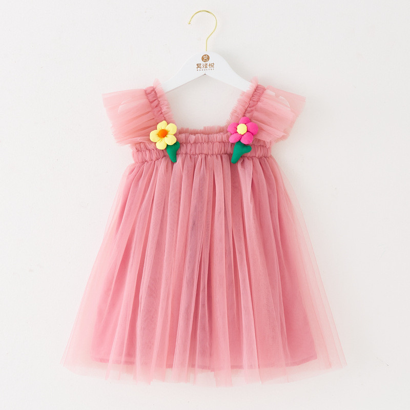 兒童公主裙  花朵洋裝 女童吊帶裙   新款童裙  立體花朵飛袖洋裝  花童網紗蓬蓬洋裝