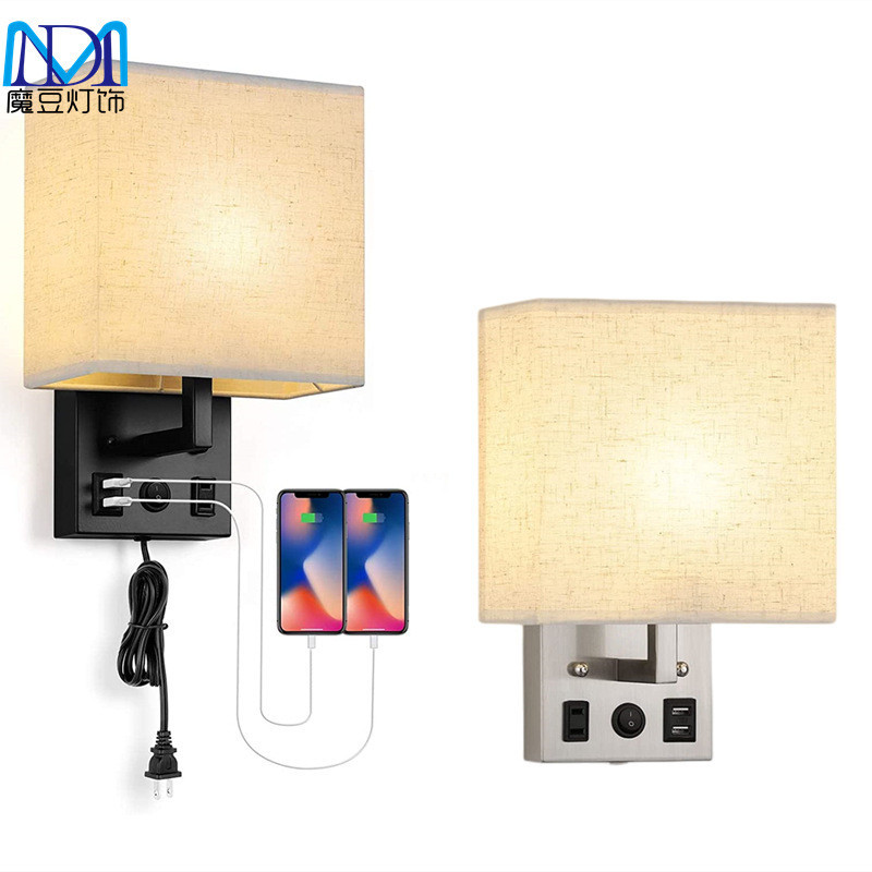 壁燈插入式燈泡 - 臥室壁燈,帶 USB 和插座,壁燈壁飾 2 件套,帶開關和燈泡壁燈,適用於客廳、臥室(110-220