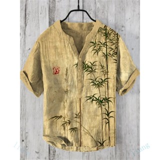 桃園出 特價 |男士夏季印花短袖休閒T恤日式亨利衫時尚上衣亞麻襯衫