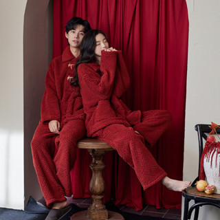 結婚新婚情侶睡衣套裝 珊瑚絨加絨加厚 新中式紅色家居服 珊瑚絨睡衣 大尺碼 情侶睡衣 睡衣 睡褲 家居服 保暖 韻慧
