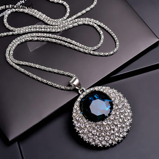 洛陽牡丹 復古百搭水鑽藍寶石長款毛衣鏈衣服飾品女水晶圓形項鍊
