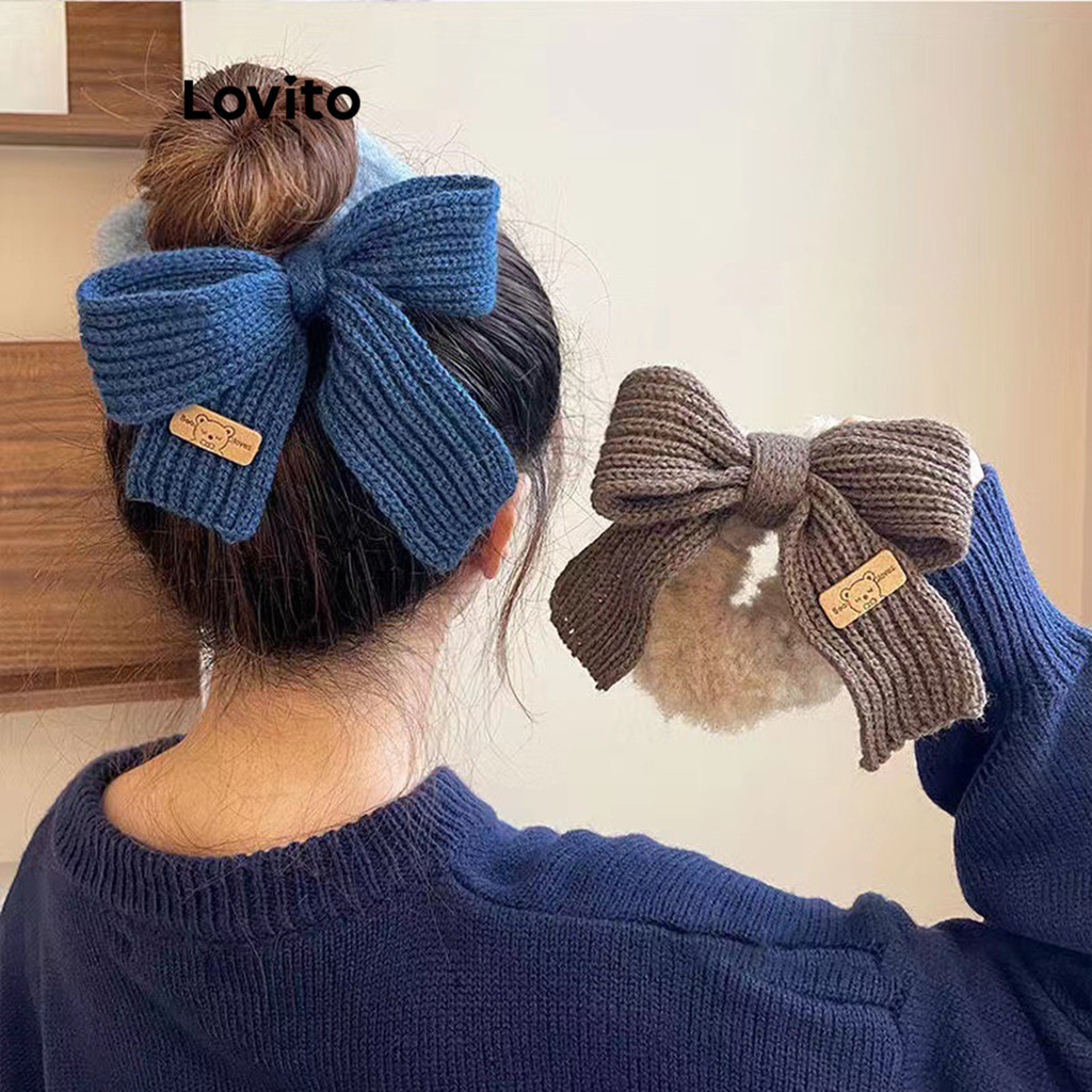 Lovito 女士可愛素色蝴蝶結髮帶 LFA03179 (卡其色/藍色)