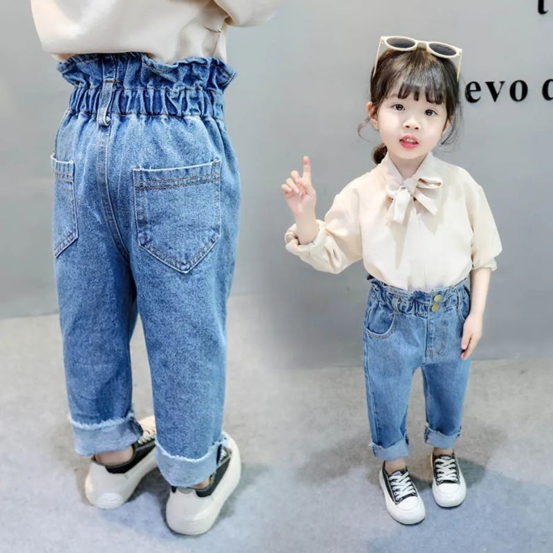 女童牛仔褲 1-6 歲高腰橡膠腰雪藍色 Inara 寬鬆牛仔褲 LV