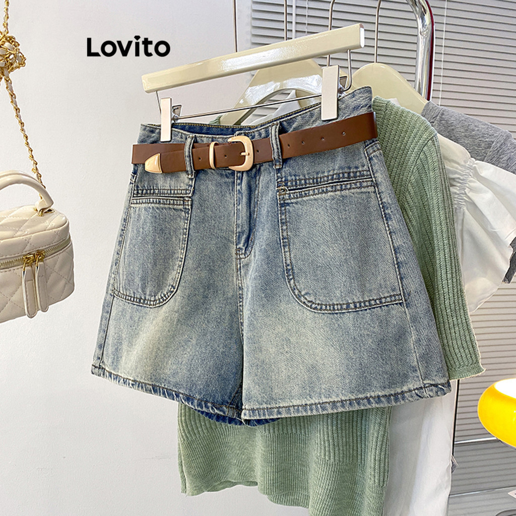 Lovito 女士休閒純色口袋牛仔短褲 LNE43060