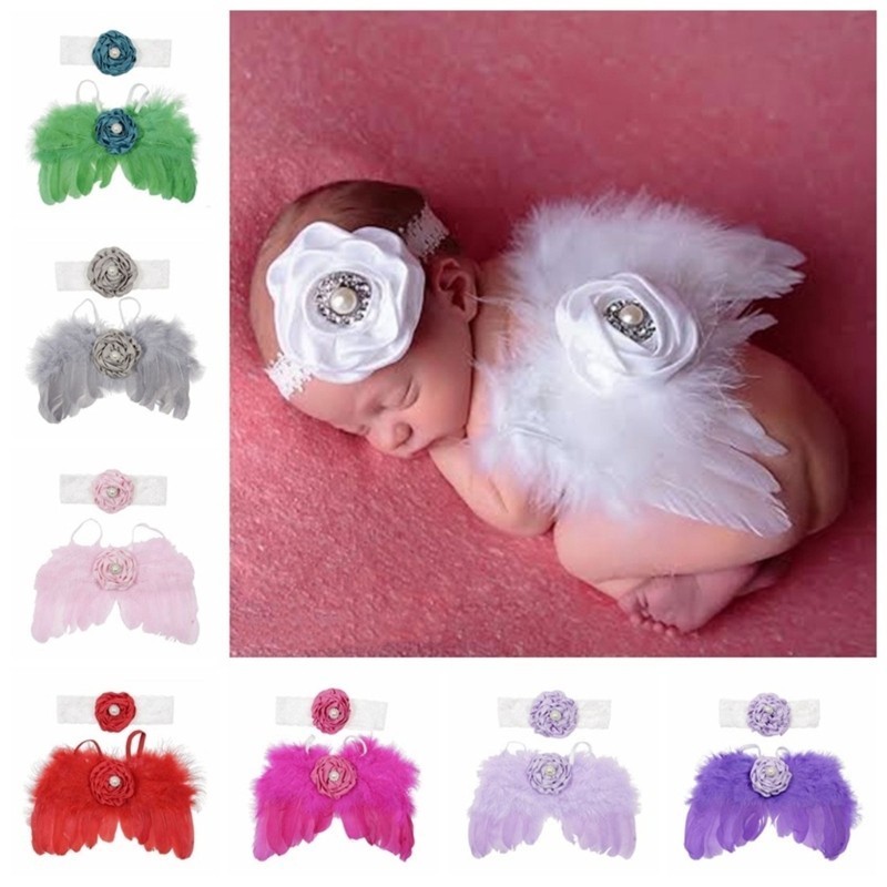 哈哈 2 件嬰兒拍照天使服裝翅膀珍珠花朵頭帶照片擺姿勢道具攝影套裝新生兒淋浴