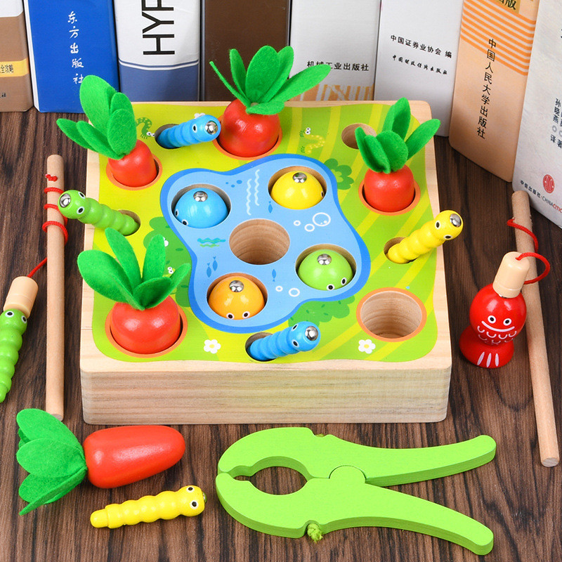 兒童木製磁性釣魚玩具 寶寶拼插玩具 早教益智積木 抓蟲捉蟲 拔蘿蔔親子互動玩具