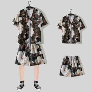 M-3xl 中性夏季短袖度假套裝男士韓式夏威夷裝領花襯衫和寬鬆休閒短褲棕色沙灘套裝