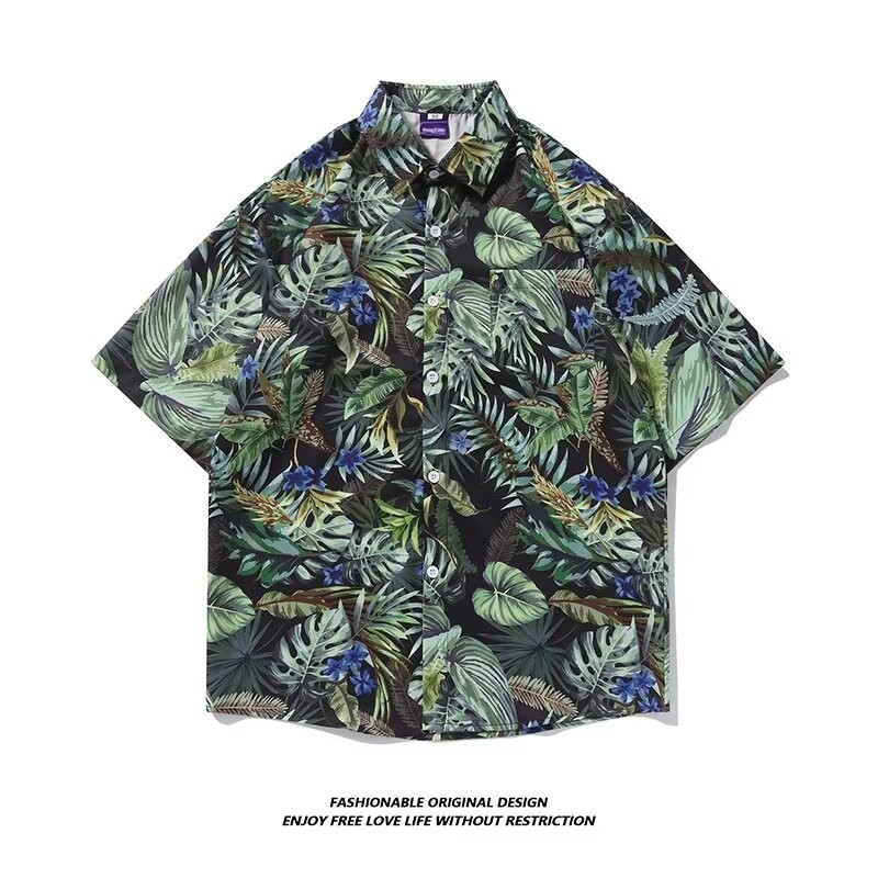 M-3xl 新款中性夏季日系男士時尚短袖夏威夷襯衫棕櫚葉設計翻蓋領休閒花襯衫沙灘度假主題黑白服裝