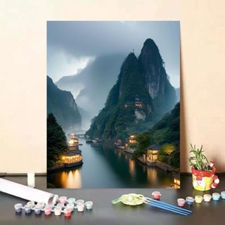 中國風山水數字油畫diy填色治癒日落晚霞風景客廳餐廳手工裝飾畫