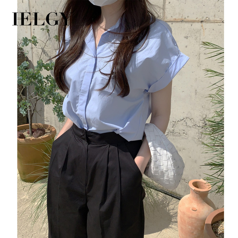 Ielgy Chic design女單排扣翻領小眾短袖襯衫(藍色)