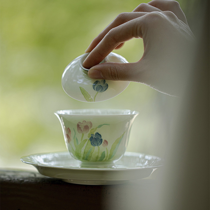 【化雲】有田燒鬱金香青時蓋碗 手繪堆料陶瓷泡茶碗功夫茶具茶碗【A338】