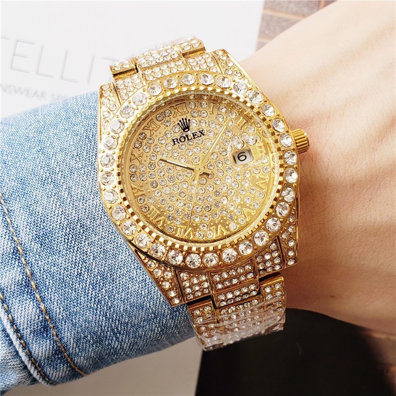 男表 瑞表 石英機芯 防水 日期顯示 全盤鑲鑽 黃金錶帶 時尚潮流商務腕錶